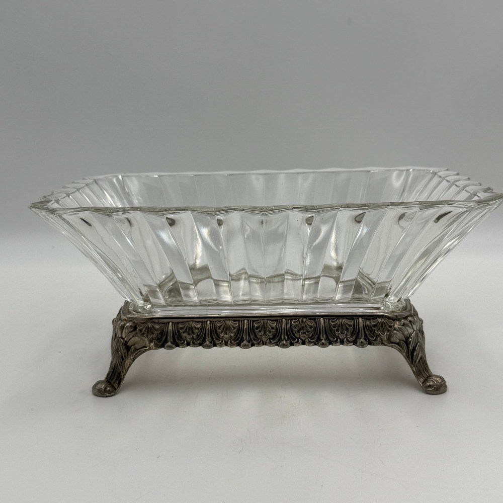 Vintage Rectangular Fluted Glass Bowl with Ornate Silver Tone Footed Metal Base